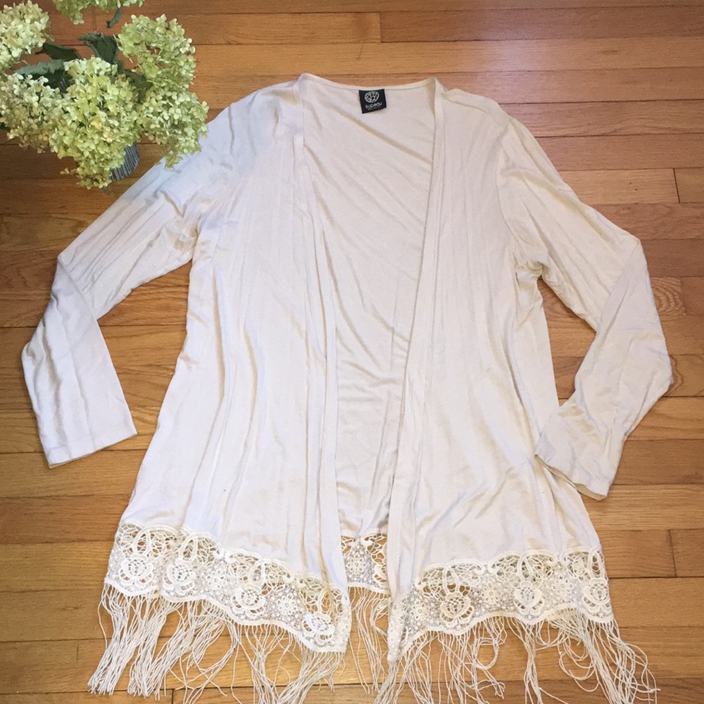 Bobeau Cream Cardigan with Frill Detail